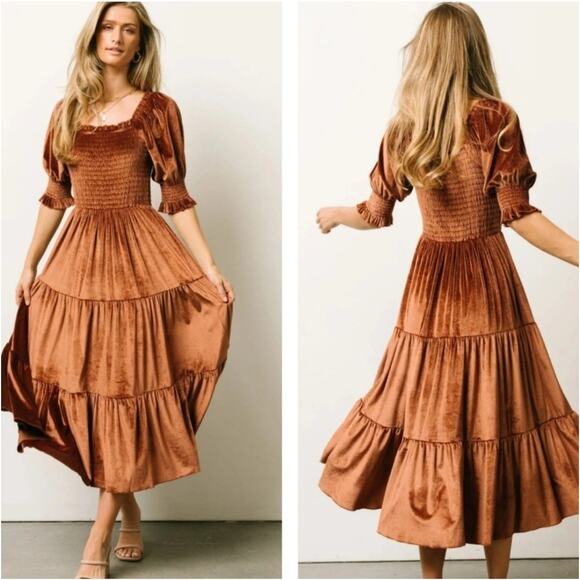 Baltic Born Dresses & Skirts - Baltic Born Vivaldi Smocked Velvet Midi Dress NWOT Medium Rust Brown Tiered